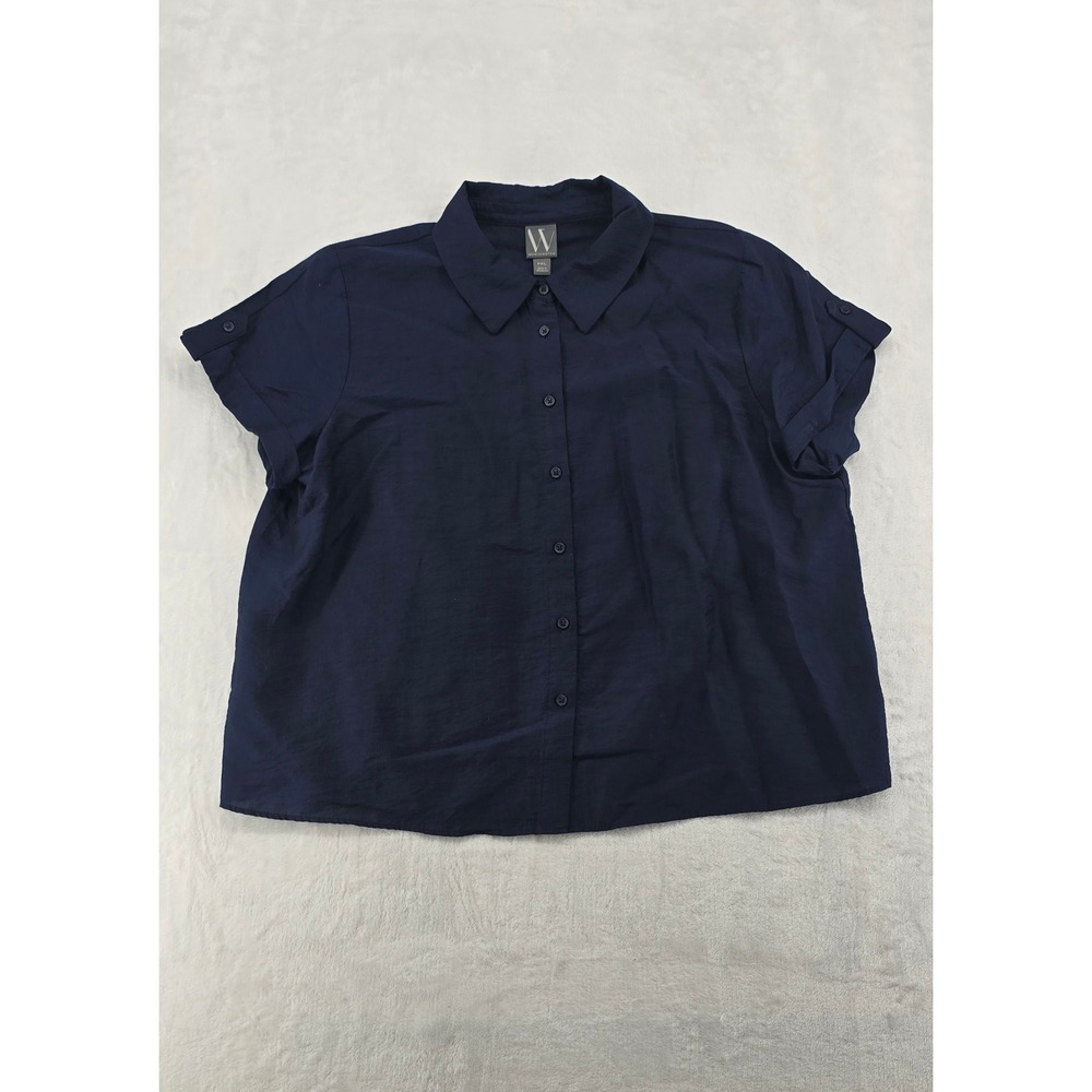 Worthington Button Up Womens PXL Shirt Navy Blue Tencel Lyocell Short Sleeve